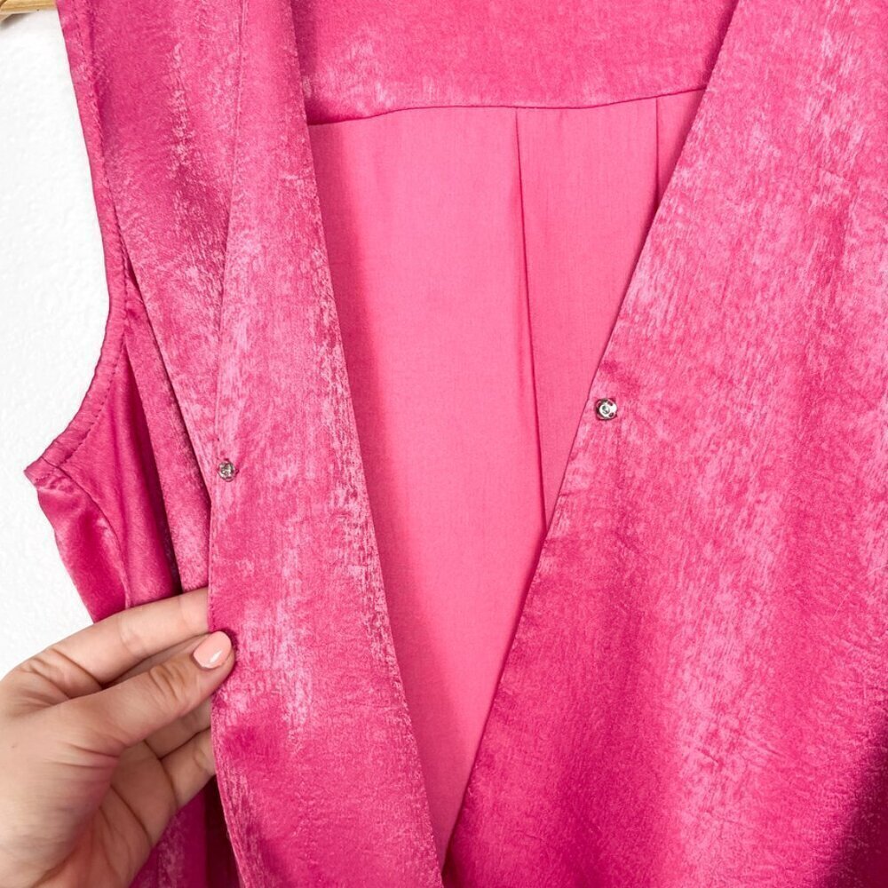 KUT from the Kloth Hot Pink Satin V-neck Ruched Sz. M - Picture 2 of 6